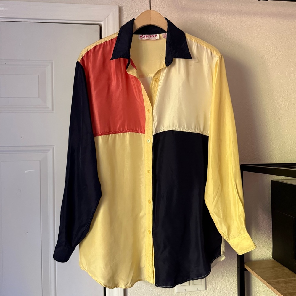 KIKOMO vintage silk colorblock patchwork long sleeve button up‎ shirt